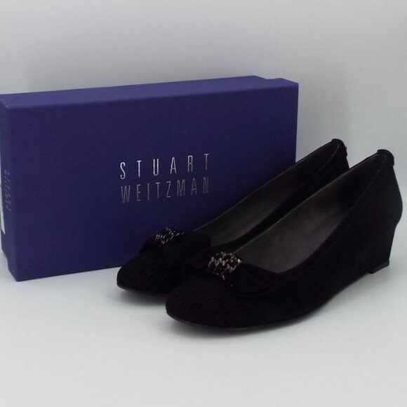 Stuart Weitzman Pleats Black Suede Wedge with Chain Bow Size 10N Narrow - Picture 15 of 16